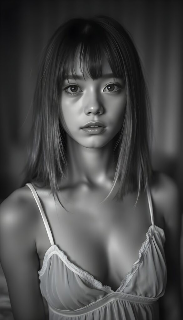 black and white detailed photo: from a (((cute))) (((elegant))) ((attractive)) (((straight hair, same length left and right, falls down))) ((stunning)) a beautifully realistic, cinematic lights, ((teen girl)), 18 years old, getting ready for bed in a short, translucent low cut nightgown, bangs cut, realistic detailed angelic round face, looks tired at the camera