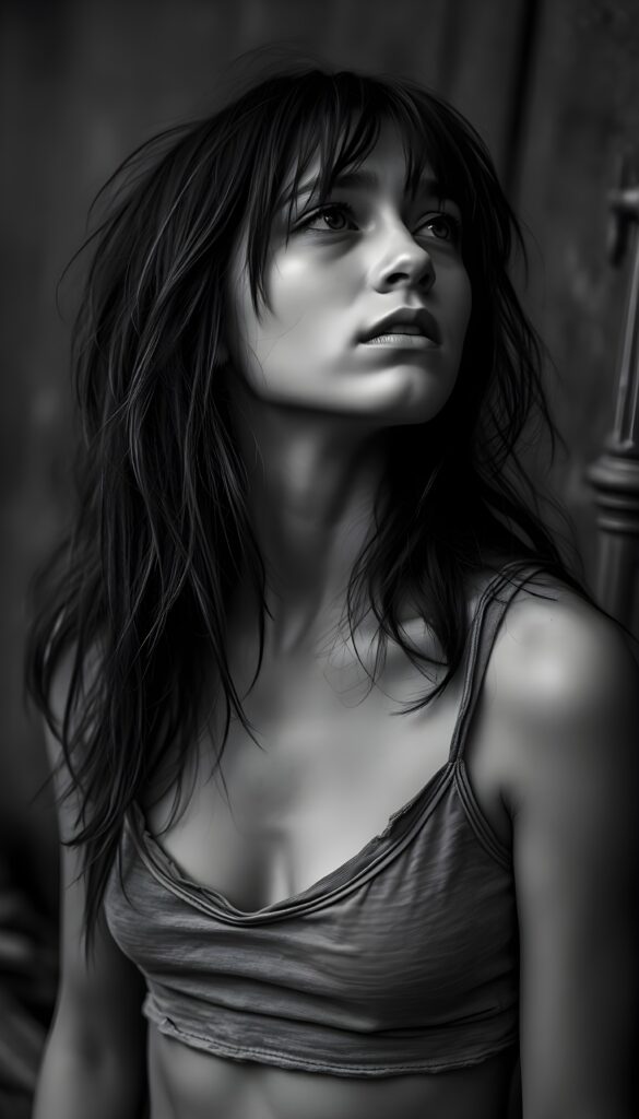 black and white detailed photo: a young teen girl. She is poor and scantily tattered dressed in a cropped tank top, deep v-neck, busty. ((She cries and thick tears roll down her cheeks)). She is alone. Her long straight slightly wavy hair is disheveled and dirty. She looks sadly up, side view.