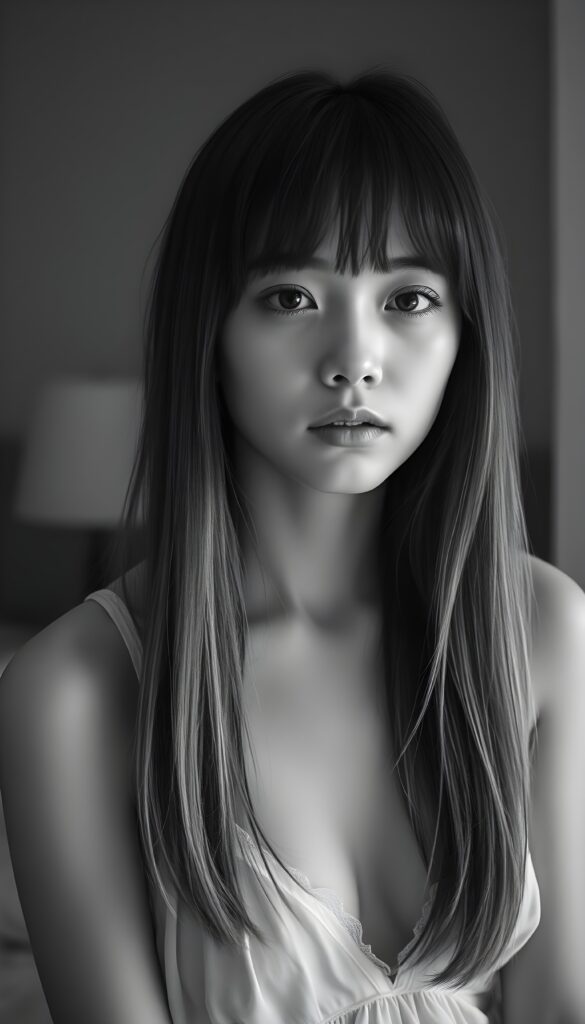 black and white detailed photo: from a (((cute))) (((elegant))) ((attractive)) (((straight hair, same length left and right, falls down))) ((stunning)) a beautifully realistic, cinematic lights, ((teen girl)), 18 years old, getting ready for bed in a short, translucent low cut nightgown, bangs cut, realistic detailed angelic round face, looks tired at the camera