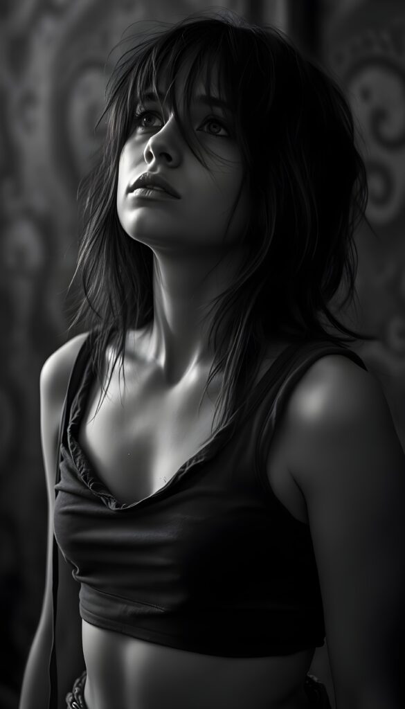 black and white detailed photo: a young teen girl. She is poor and scantily tattered dressed in a cropped tank top, deep v-neck, busty. ((She cries and thick tears roll down her cheeks)). She is alone. Her long straight slightly wavy hair is disheveled and dirty. She looks sadly up, side view.
