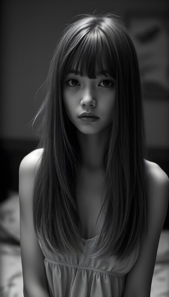 black and white detailed photo: from a (((cute))) (((elegant))) ((attractive)) (((straight hair, same length left and right, falls down))) ((stunning)) a beautifully realistic, cinematic lights, ((teen girl)), 18 years old, getting ready for bed in a short, translucent low cut nightgown, bangs cut, realistic detailed angelic round face, looks tired at the camera