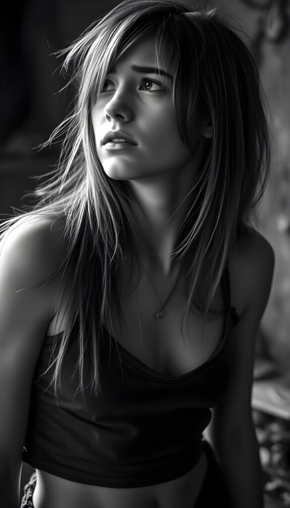 black and white detailed photo: a young teen girl. She is poor and scantily tattered dressed in a cropped tank top, deep v-neck, busty. ((She cries and thick tears roll down her cheeks)). She is alone. Her long straight slightly wavy hair is disheveled and dirty. She looks sadly up, side view.