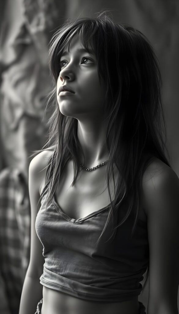 black and white detailed photo: a young teen girl. She is poor and scantily tattered dressed in a cropped grey tank top, deep v-neck, busty. ((She is very anxious and alone)). Her long straight slightly wavy hair is disheveled and dirty. She looks sadly up, side view.