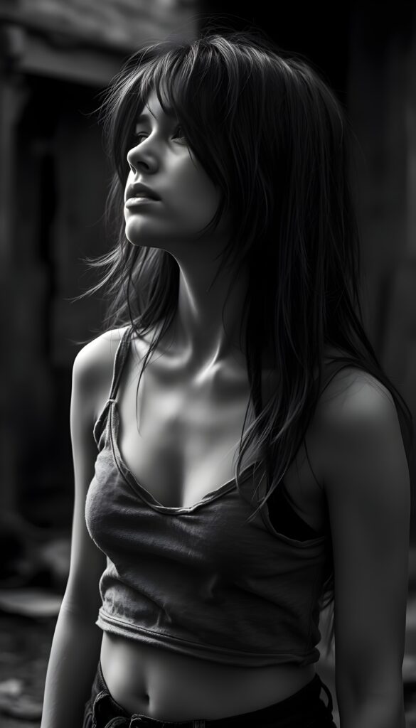black and white detailed photo: a young teen girl. She is poor and scantily tattered dressed in a cropped grey tank top, deep v-neck, busty. ((She is very anxious and alone)). Her long straight slightly wavy hair is disheveled and dirty. She looks sadly up, side view.