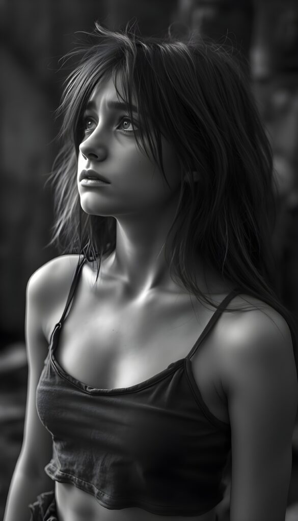 black and white detailed photo: a young teen girl. She is poor and scantily tattered dressed in a cropped tank top, deep v-neck, busty. ((She cries and thick tears roll down her cheeks)). She is alone. Her long straight slightly wavy hair is disheveled and dirty. She looks sadly up, side view.