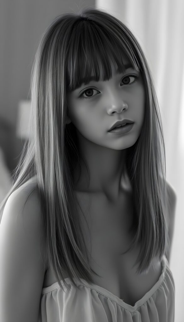 black and white detailed photo: from a (((cute))) (((elegant))) ((attractive)) (((straight hair, same length left and right, falls down))) ((stunning)) a beautifully realistic, cinematic lights, ((teen girl)), 18 years old, getting ready for bed in a short, translucent low cut nightgown, bangs cut, realistic detailed angelic round face, looks tired at the camera