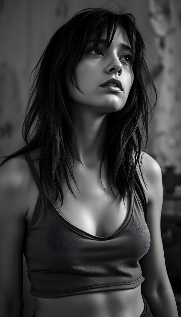 black and white detailed photo: a young teen girl. She is poor and scantily tattered dressed in a cropped grey tank top, deep v-neck, busty. ((She is very anxious and alone)). Her long straight slightly wavy hair is disheveled and dirty. She looks sadly up, side view.