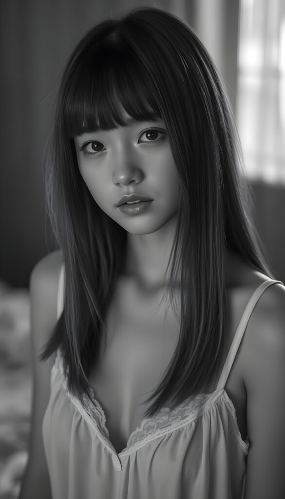black and white detailed photo: from a (((cute))) (((elegant))) ((attractive)) (((straight hair, same length left and right, falls down))) ((stunning)) a beautifully realistic, cinematic lights, ((teen girl)), 18 years old, getting ready for bed in a short, translucent low cut nightgown, bangs cut, realistic detailed angelic round face, looks tired at the camera
