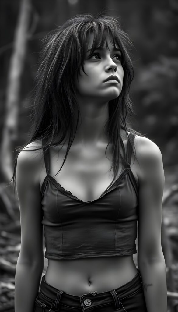 black and white detailed photo: a young teen girl. She is poor and scantily tattered dressed in a cropped grey tank top, deep v-neck, busty. ((She is very anxious and alone)). Her long straight slightly wavy hair is disheveled and dirty. She looks sadly up, side view.