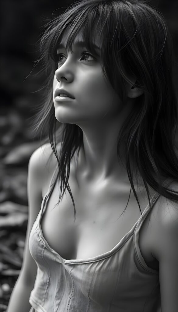 black and white detailed photo: a young teen girl. She is poor and scantily tattered dressed in a cropped tank top, deep v-neck, busty. ((She cries and thick tears roll down her cheeks)). She is alone. Her long straight slightly wavy hair is disheveled and dirty. She looks sadly up, side view.