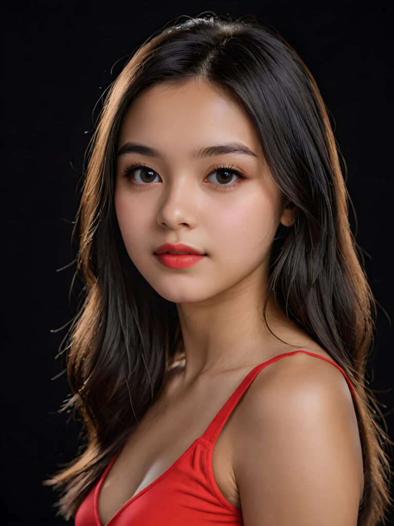detailed, realistic upper body portrait: a 17 years teen girl with long soft black straight hair, black eyes, red bright full kissable lips, wearing a red mini crop top, side view, black background, dimmed light