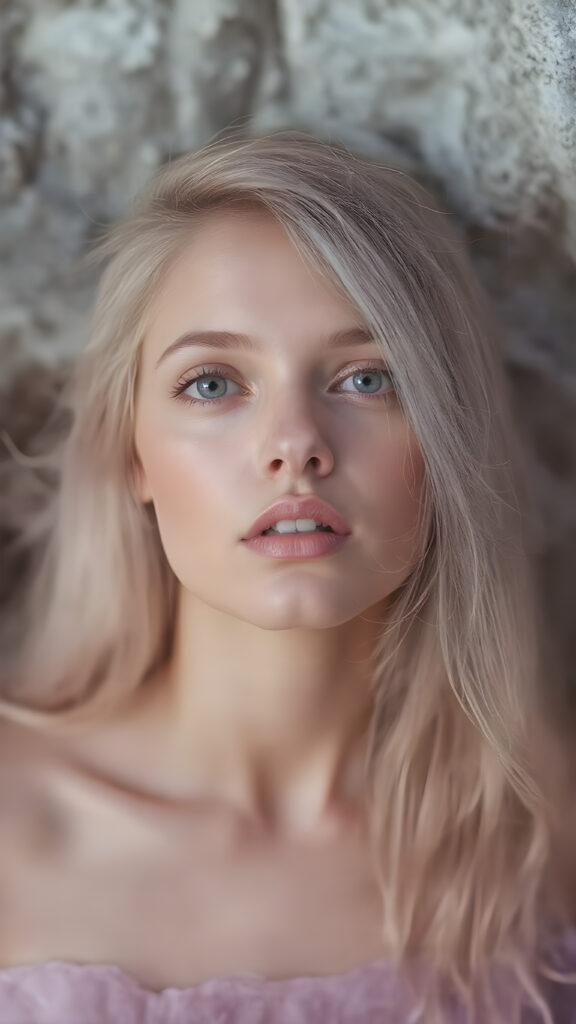 breathtakingly beautiful (((full body vertical length view from the front))), showcasing a beautiful lady with (long, flowing ash pink color shiny hairs)), which frame her face as she gazes upward into the camera, her eyes are (violet in color)), and her lips are ((full and painted in a warm, inviting light pink hue)), that add a pop of color contrast to her overall look. She's dressed in a (long sleeves tulle gown , translucent violet pink chiffon skirt)). the scene is imbued with a sense of fantasy and imagination, as if captured in a dreamlike moment of the lady's colorful hair cascading down to her waist, creating a striking contrast against her warm skin and the cool tones of the surrounding environment.