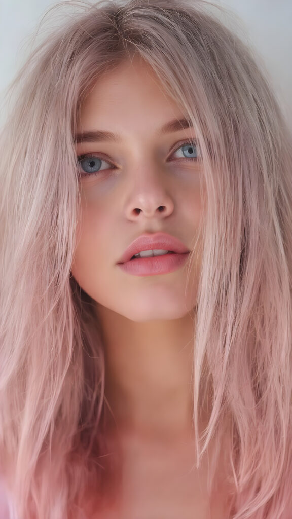 breathtakingly beautiful (((full body vertical length view from the front))), showcasing a beautiful woman with ( long, flowing ash pink color shiny hairs)), which frame her face as she gazes upward into the camera, her eyes are (violet in color)), and her lips are ((full and painted in a warm, inviting light pink hue)), that add a pop of color contrast to her overall look. She's dressed in a (long sleeves tulle gown , translucent violet pink chiffon skirt)). the scene is imbued with a sense of fantasy and imagination, as if captured in a dreamlike moment of the lady's colorful hair cascading down to her waist, creating a striking contrast against her warm skin and the cool tones of the surrounding environment.