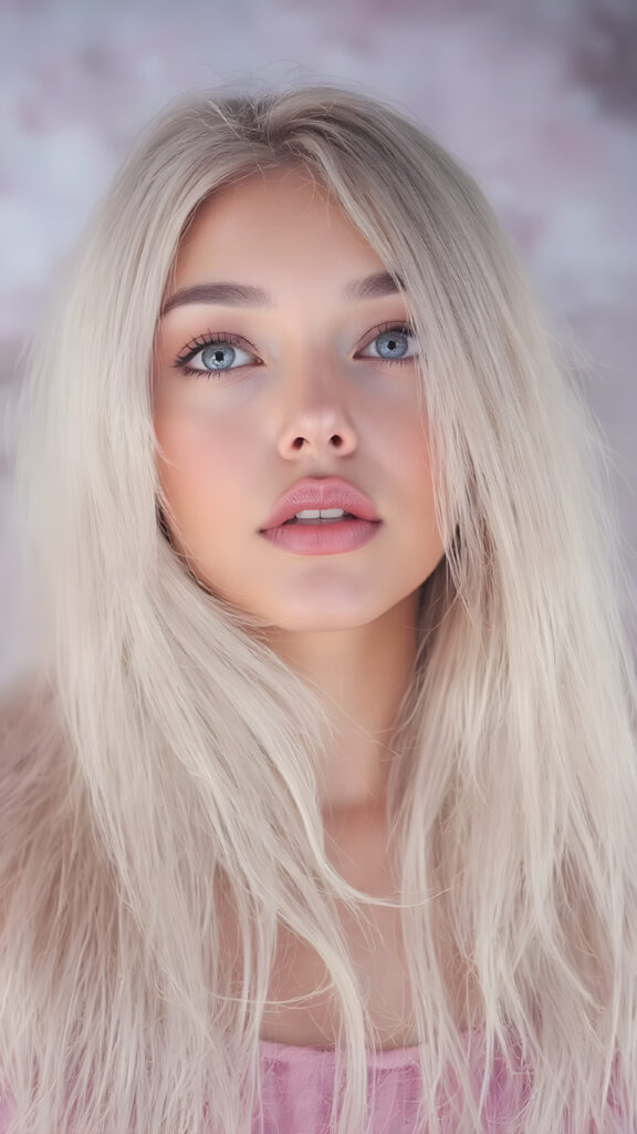 breathtakingly beautiful (((full body vertical length view from the front))), showcasing a beautiful lady with (long, flowing ash pink color shiny hairs)), which frame her face as she gazes upward into the camera, her eyes are (violet in color)), and her lips are ((full and painted in a warm, inviting light pink hue)), that add a pop of color contrast to her overall look. She's dressed in a (long sleeves tulle gown , translucent violet pink chiffon skirt)). the scene is imbued with a sense of fantasy and imagination, as if captured in a dreamlike moment of the lady's colorful hair cascading down to her waist, creating a striking contrast against her warm skin and the cool tones of the surrounding environment.