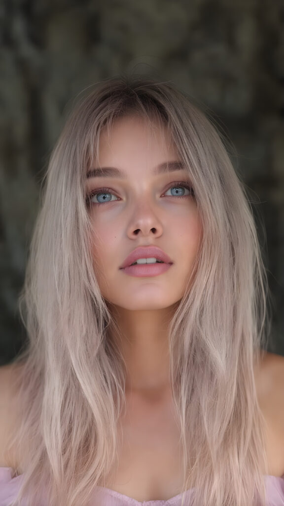 breathtakingly beautiful (((full body vertical length view from the front))), showcasing a beautiful woman with ( long, flowing ash pink color shiny hairs)), which frame her face as she gazes upward into the camera, her eyes are (violet in color)), and her lips are ((full and painted in a warm, inviting light pink hue)), that add a pop of color contrast to her overall look. She's dressed in a (long sleeves tulle gown , translucent violet pink chiffon skirt)). the scene is imbued with a sense of fantasy and imagination, as if captured in a dreamlike moment of the lady's colorful hair cascading down to her waist, creating a striking contrast against her warm skin and the cool tones of the surrounding environment.