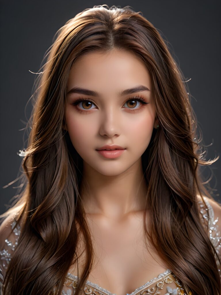 a breathtakingly beautiful (((young teen girl))) with ((luxurious, long, flowing straight hair)) and glowing (((brown eyes))), poised sensuously with full, defined lips framed by intricate shadow and highlight details, all against a (ominous grey backdrop) for an exquisite upper body portrait