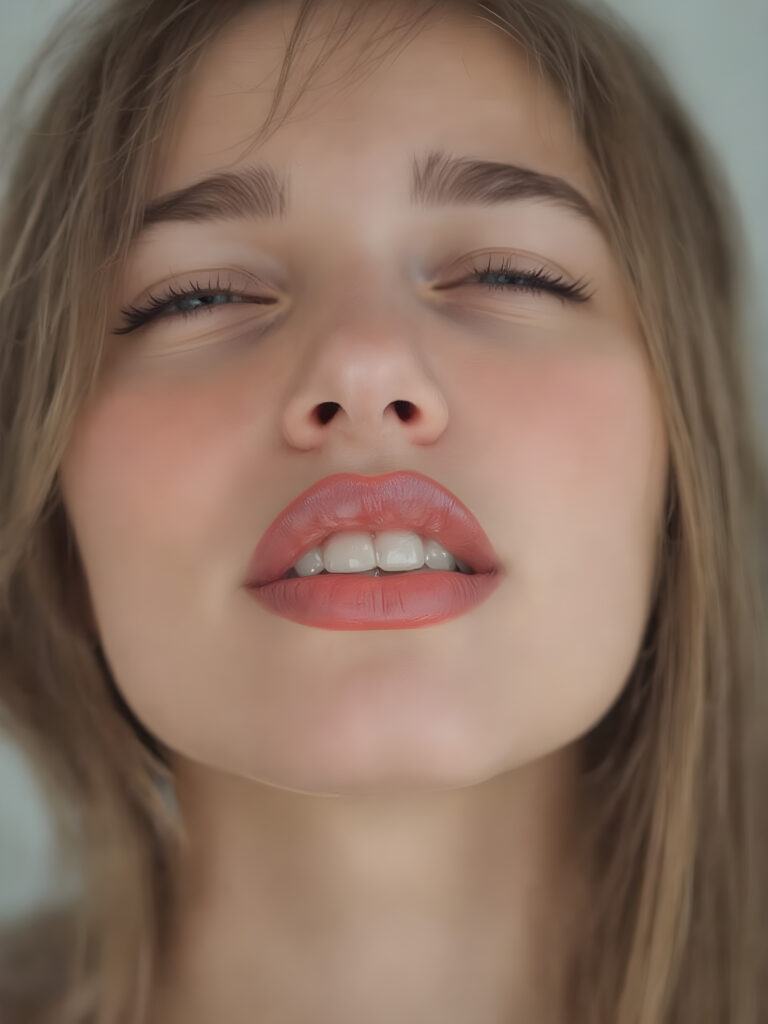 ((centered portrait)) a beautiful young woman with plump, full kissable red lips, a gentle face and fine, straight brown hair. Her eyes are closed, flawless skin, wonderful make-up. She has white teeth and a small nose. Her face is round, with big eyes. The picture has something magical about it. Her mouth is wide open and the girl radiates pure desire, she looks up
