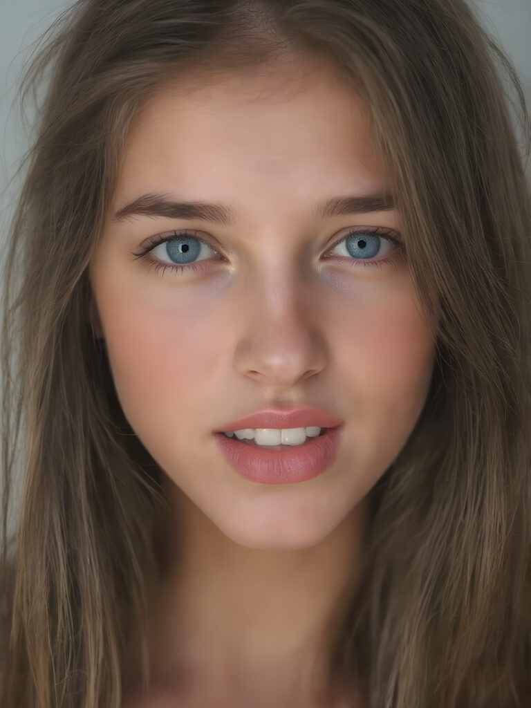 ((centered portrait)) a beautiful young woman with plump, full kissable red lips, a gentle face and fine, straight brown hair. Her eyes shine like blue diamonds, flawless skin, wonderful make-up. She has white teeth and a small nose. Her face is round, with big eyes. The picture has something magical about it. Her mouth is wide open and the girl radiates pure desire.