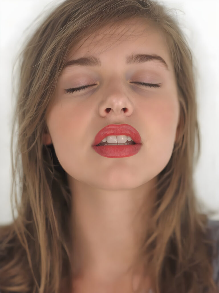 ((centered portrait)) a beautiful young woman with plump, full kissable red lips, a gentle face and fine, straight brown hair. Her eyes are closed, flawless skin, wonderful make-up. She has white teeth and a small nose. Her face is round, with big eyes. The picture has something magical about it. Her mouth is wide open and the girl radiates pure desire, she looks up