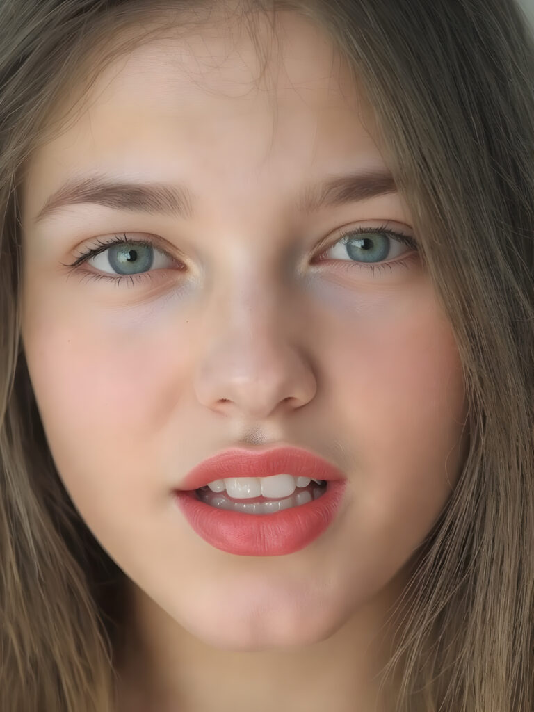 ((centered portrait)) a beautiful young woman with plump, full kissable red lips, a gentle face and fine, straight brown hair. Her eyes shine like blue diamonds, flawless skin, wonderful make-up. She has white teeth and a small nose. Her face is round, with big eyes. The picture has something magical about it. Her mouth is wide open and the girl radiates pure desire.