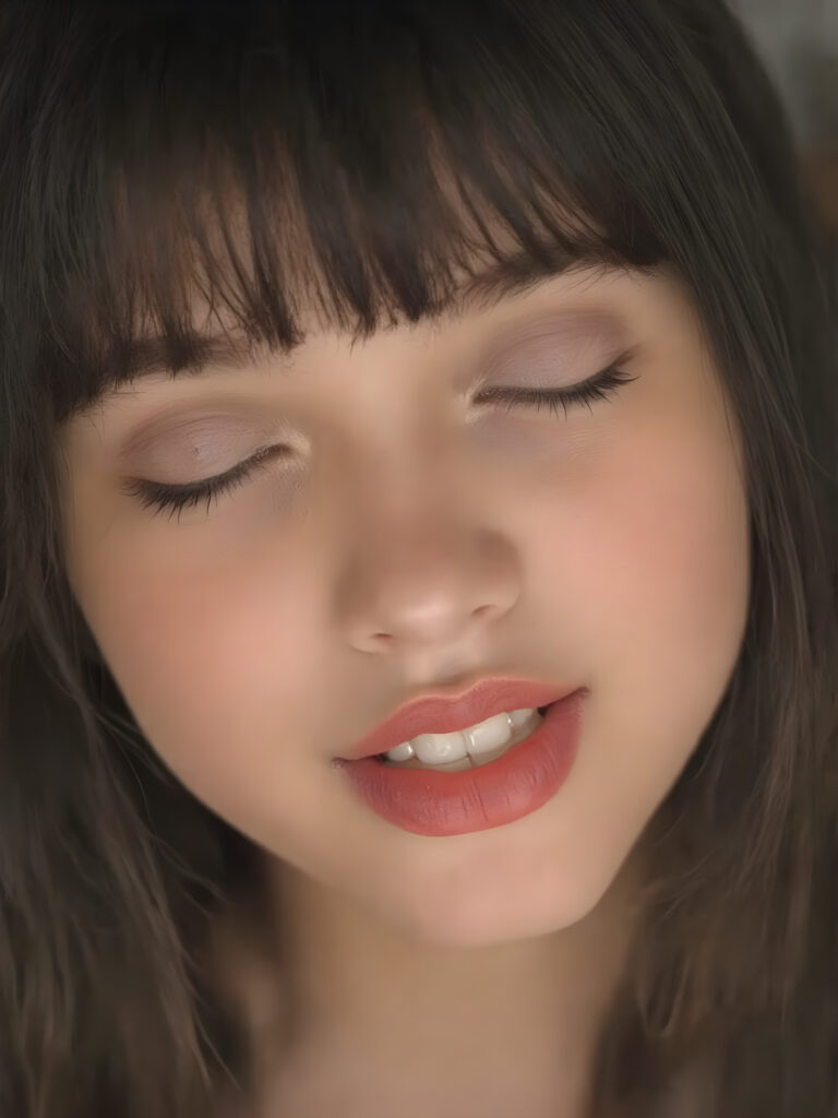 ((centered portrait)) a beautiful young cute teen girl with plump, full kissable red lips, a gentle face and fine, straight black hair, bangs. Her eyes are closed, flawless skin, wonderful make-up. She has white teeth and a small nose. Her face is round. The picture has something magical about it. Her mouth is wide open and the girl radiates pure desire, she looks up