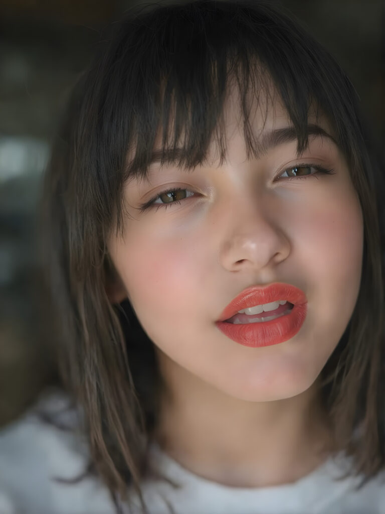 ((centered portrait)) a beautiful young cute teen girl with plump, full kissable red lips, a gentle face and fine, straight black hair, bangs. Her eyes are closed, flawless skin, wonderful make-up. She has white teeth and a small nose. Her face is round. The picture has something magical about it. Her mouth is wide open and the girl radiates pure desire, she looks up