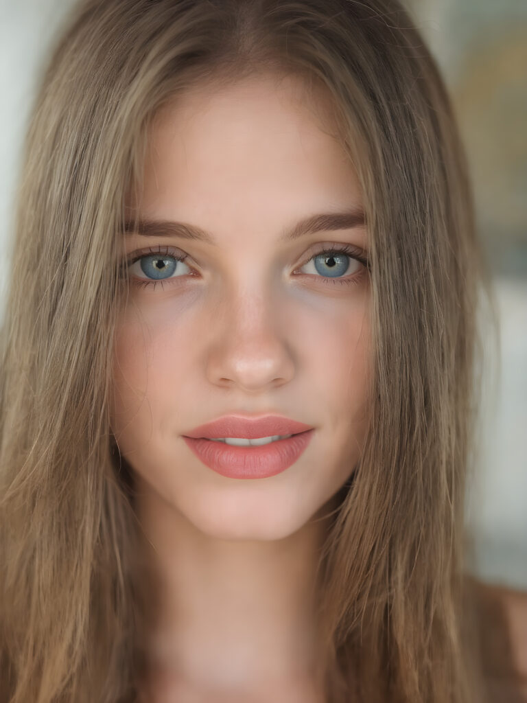 ((centered portrait)) a beautiful young woman with plump, full kissable red lips, a gentle face and fine, straight brown hair. Her eyes shine like blue diamonds, flawless skin, wonderful make-up. She has white teeth and a small nose. Her face is round, with big eyes. The picture has something magical about it. Her mouth is wide open and the girl radiates pure desire.