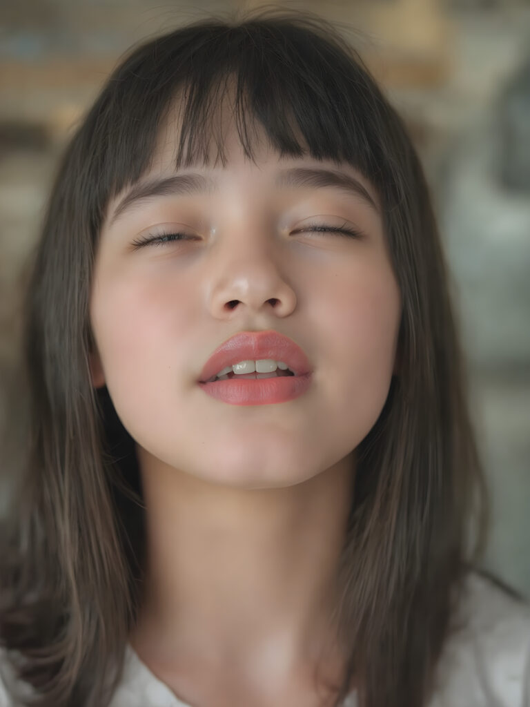 ((centered portrait)) a beautiful young cute teen girl with plump, full kissable red lips, a gentle face and fine, straight black hair, bangs. Her eyes are closed, flawless skin, wonderful make-up. She has white teeth and a small nose. Her face is round. The picture has something magical about it. Her mouth is wide open and the girl radiates pure desire, she looks up