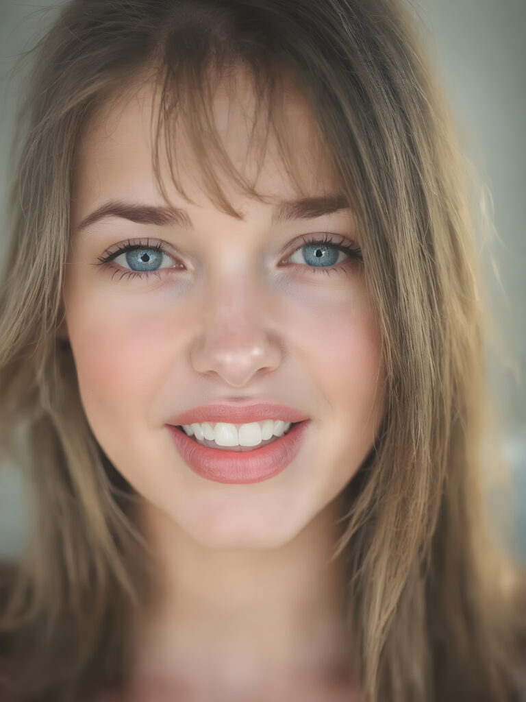 ((centered portrait)) a beautiful young woman with plump, full kissable red lips, a gentle face and fine, straight brown hair. Her eyes shine like blue diamonds, flawless skin, wonderful make-up. She has white teeth and a small nose. Her face is round, with big eyes. The picture has something magical about it. Her mouth is wide open and the girl radiates pure desire.