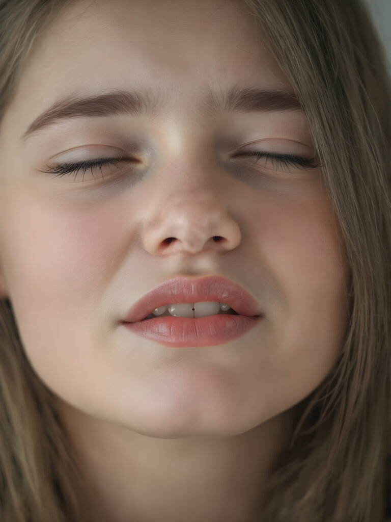 ((centered portrait)) a beautiful young woman with plump, full kissable red lips, a gentle face and fine, straight brown hair. Her eyes are closed, flawless skin, wonderful make-up. She has white teeth and a small nose. Her face is round, with big eyes. The picture has something magical about it. Her mouth is wide open and the girl radiates pure desire, she looks up