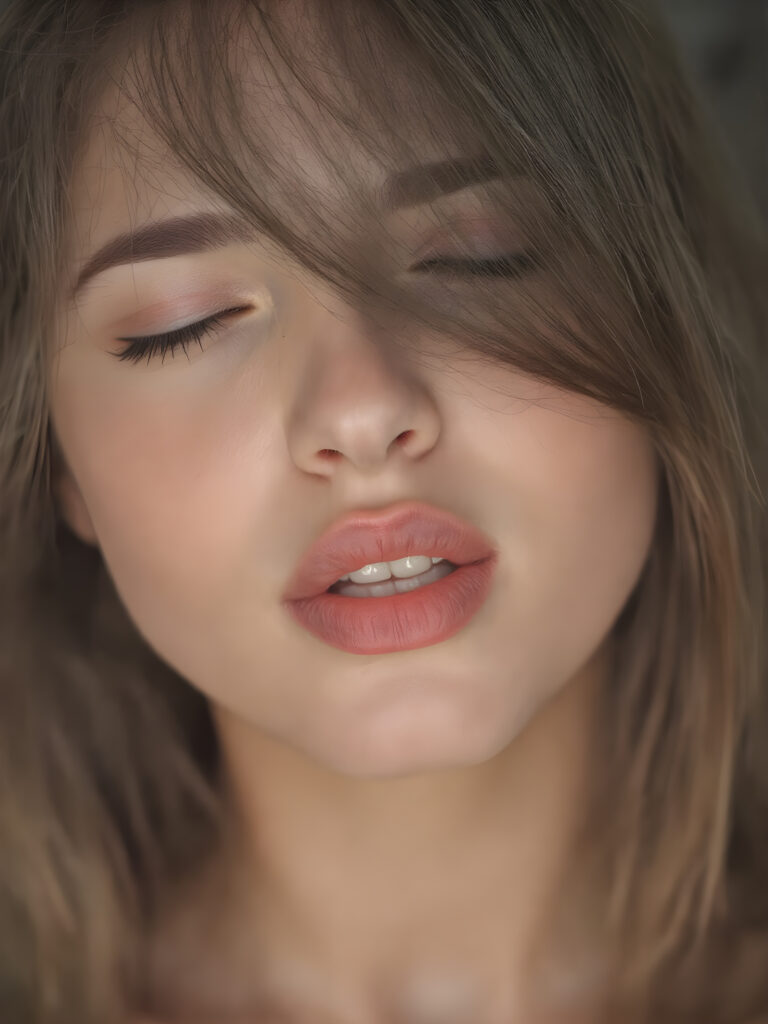 ((centered portrait)) a beautiful young woman with plump, full kissable red lips, a gentle face and fine, straight brown hair. Her eyes are closed, flawless skin, wonderful make-up. She has white teeth and a small nose. Her face is round, with big eyes. The picture has something magical about it. Her mouth is wide open and the girl radiates pure desire, she looks up