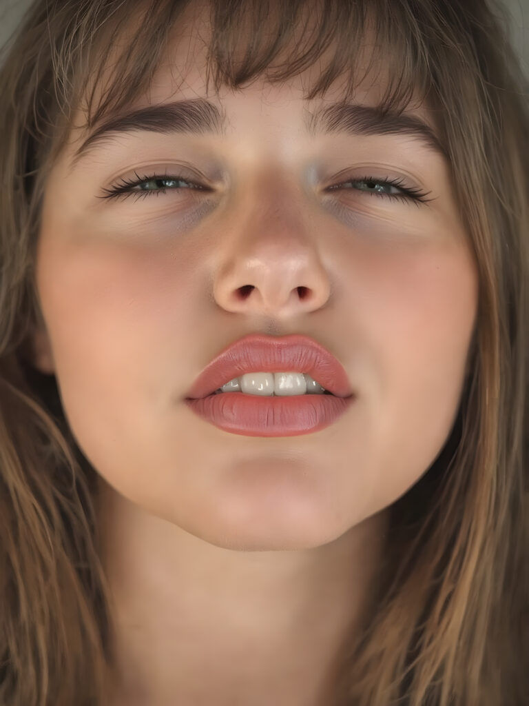 ((centered portrait)) a beautiful young woman with plump, full kissable red lips, a gentle face and fine, straight brown hair. Her eyes are closed, flawless skin, wonderful make-up. She has white teeth and a small nose. Her face is round, with big eyes. The picture has something magical about it. Her mouth is wide open and the girl radiates pure desire, she looks up