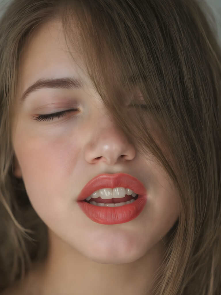 ((centered portrait)) a beautiful young woman with plump, full kissable red lips, a gentle face and fine, straight brown hair. Her eyes are closed, flawless skin, wonderful make-up. She has white teeth and a small nose. Her face is round, with big eyes. The picture has something magical about it. Her mouth is wide open and the girl radiates pure desire, she looks up