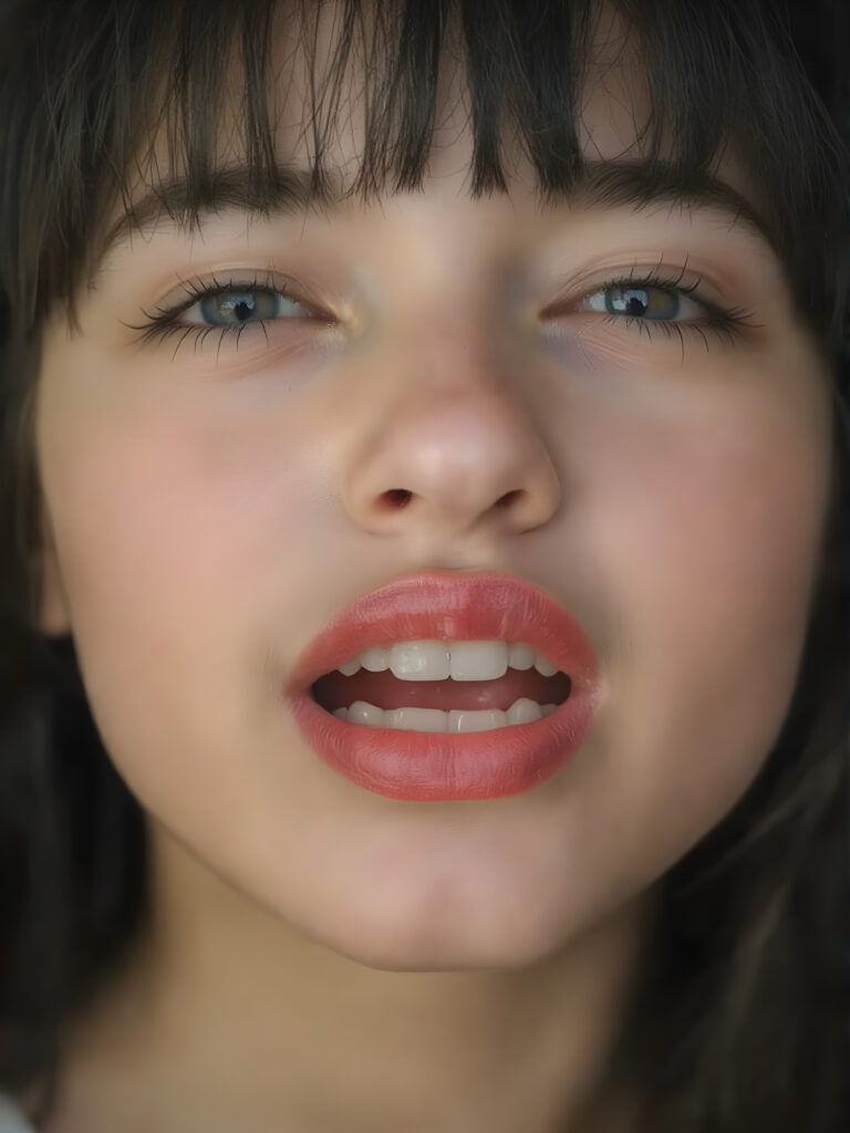 ((centered portrait)) a beautiful young cute teen girl with plump, full kissable red lips, a gentle face and fine, straight black hair, bangs. Her eyes are closed, flawless skin, wonderful make-up. She has white teeth and a small nose. Her face is round. The picture has something magical about it. Her mouth is wide open and the girl radiates pure desire, she looks up