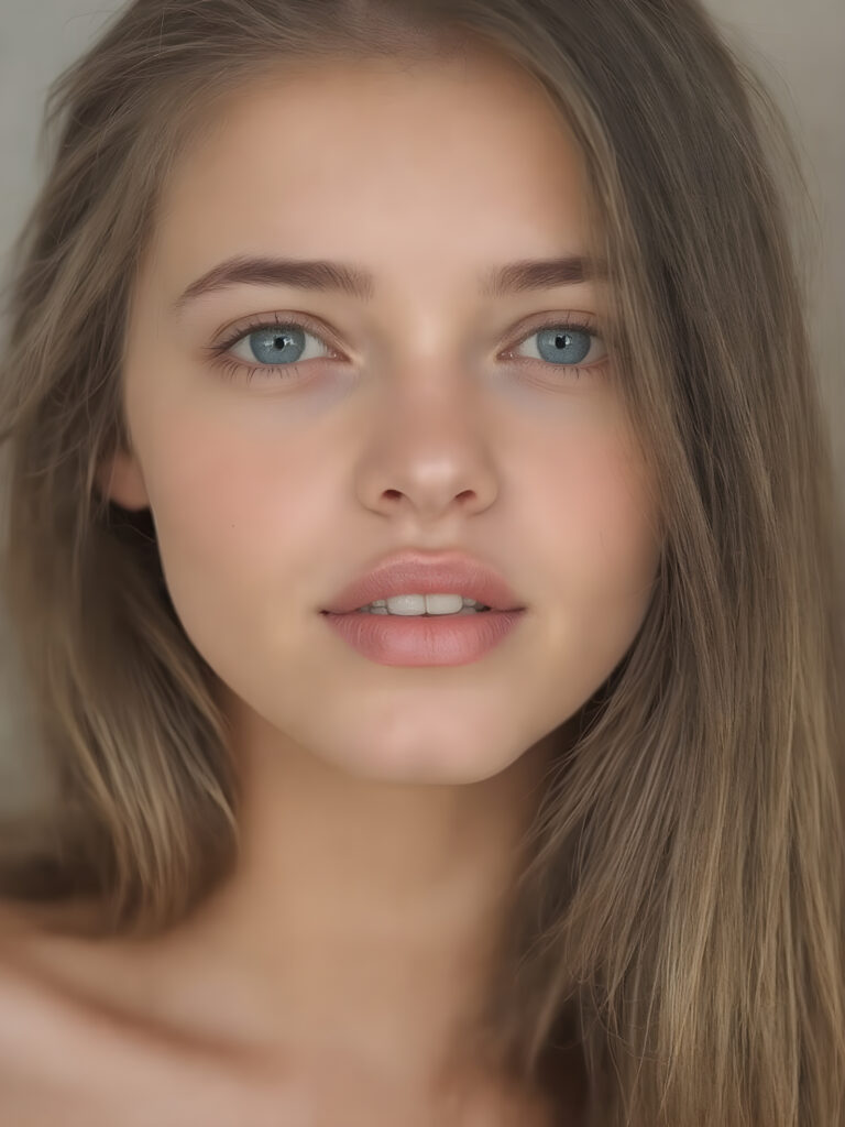 ((centered portrait)) a beautiful young woman with plump, full kissable red lips, a gentle face and fine, straight brown hair. Her eyes shine like blue diamonds, flawless skin, wonderful make-up. She has white teeth and a small nose. Her face is round, with big eyes. The picture has something magical about it. Her mouth is wide open and the girl radiates pure desire.