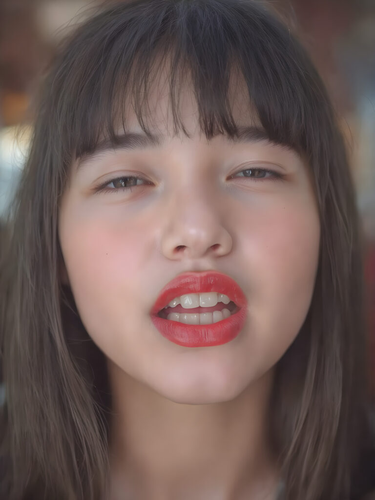 ((centered portrait)) a beautiful young cute teen girl with plump, full kissable red lips, a gentle face and fine, straight black hair, bangs. Her eyes are closed, flawless skin, wonderful make-up. She has white teeth and a small nose. Her face is round. The picture has something magical about it. Her mouth is wide open and the girl radiates pure desire, she looks up