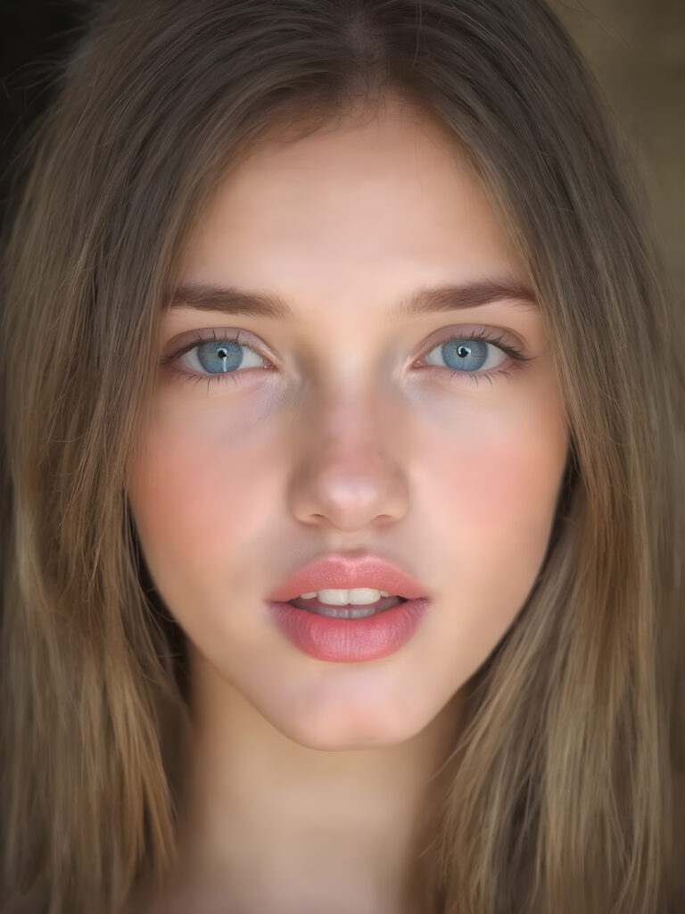 ((centered portrait)) a beautiful young woman with plump, full kissable red lips, a gentle face and fine, straight brown hair. Her eyes shine like blue diamonds, flawless skin, wonderful make-up. She has white teeth and a small nose. Her face is round, with big eyes. The picture has something magical about it. Her mouth is wide open and the girl radiates pure desire.