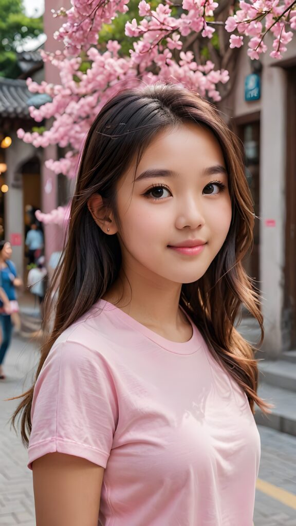 a stunning portrait (((ultra realistic professional photograph))) ((cute)) ((gorgeous)) excellently capturing an amiable, young Chinese teen girl, straight jet long hair, round face, full lips, smile, side view, ((pink no printed t-shirt))