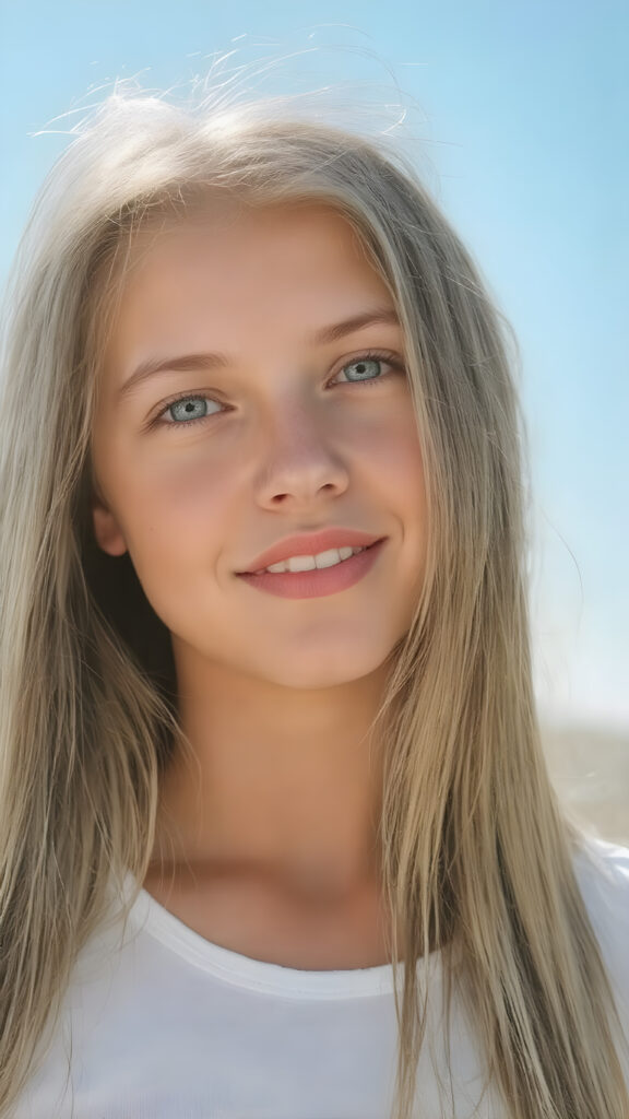 ((close-up)) a beautiful young adult girl, with (((extremely long, straight blond and brown hair (the hair extends far beyond her shoulders and flows down to her waist) and piercing blue eyes that reflect the sunlight around her face. She has (((perfectly sculpted white teeth, visible when she smiles. Her lips are full and painted in a (((bright red color) that accentuates her face. She wears a ((short tight white top)). The girl poses (((against a backdrop of a (clear sunny sky))). Perfect anatomy. Flawless skin. (((The girl has a flawless complexion and appears to be healthy and happy. Her hair is long, straight, smooth and shiny. The sun's rays shine on her face, illuminating any imperfections and highlights of her skin. The girl is fashionable dress, the outfit accentuates her youthful and innocent beauty.