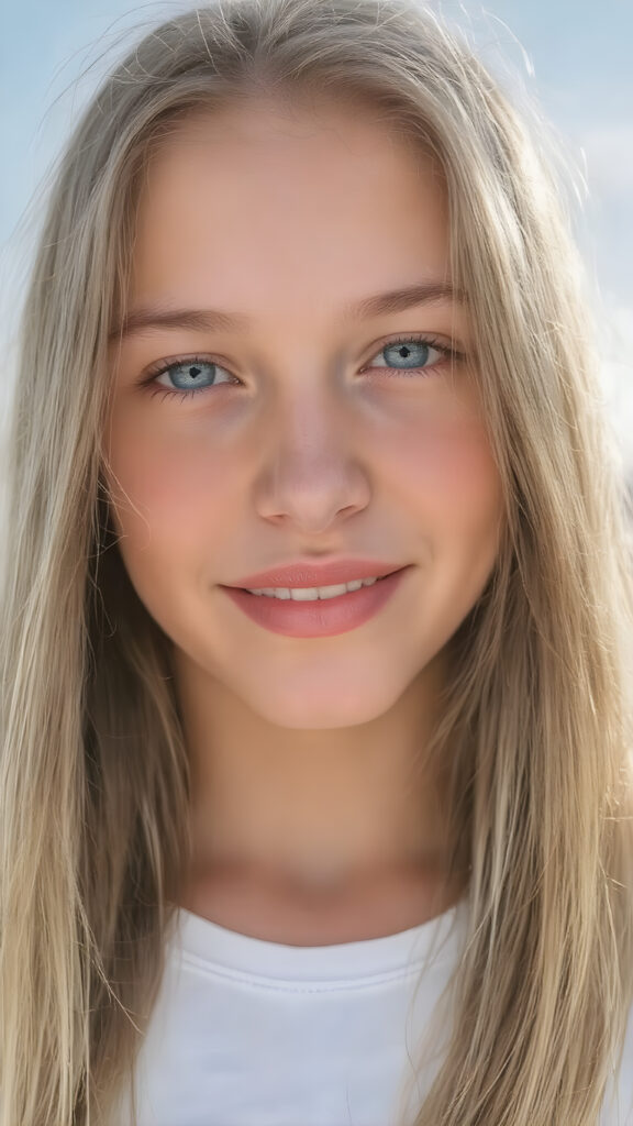((close-up)) a beautiful young adult girl, with (((extremely long, straight blond and brown hair (the hair extends far beyond her shoulders and flows down to her waist) and piercing blue eyes that reflect the sunlight around her face. She has (((perfectly sculpted white teeth, visible when she smiles. Her lips are full and painted in a (((bright red color) that accentuates her face. She wears a ((short tight white top)). The girl poses (((against a backdrop of a (clear sunny sky))). Perfect anatomy. Flawless skin. (((The girl has a flawless complexion and appears to be healthy and happy. Her hair is long, straight, smooth and shiny. The sun's rays shine on her face, illuminating any imperfections and highlights of her skin. The girl is fashionable dress, the outfit accentuates her youthful and innocent beauty.