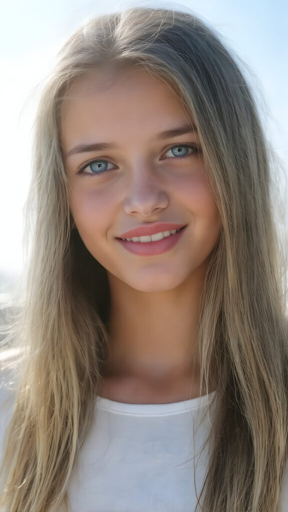 ((close-up)) a beautiful young adult girl, with (((extremely long, straight blond and brown hair (the hair extends far beyond her shoulders and flows down to her waist) and piercing blue eyes that reflect the sunlight around her face. She has (((perfectly sculpted white teeth, visible when she smiles. Her lips are full and painted in a (((bright red color) that accentuates her face. She wears a ((short tight white top)). The girl poses (((against a backdrop of a (clear sunny sky))). Perfect anatomy. Flawless skin. (((The girl has a flawless complexion and appears to be healthy and happy. Her hair is long, straight, smooth and shiny. The sun's rays shine on her face, illuminating any imperfections and highlights of her skin. The girl is fashionable dress, the outfit accentuates her youthful and innocent beauty.