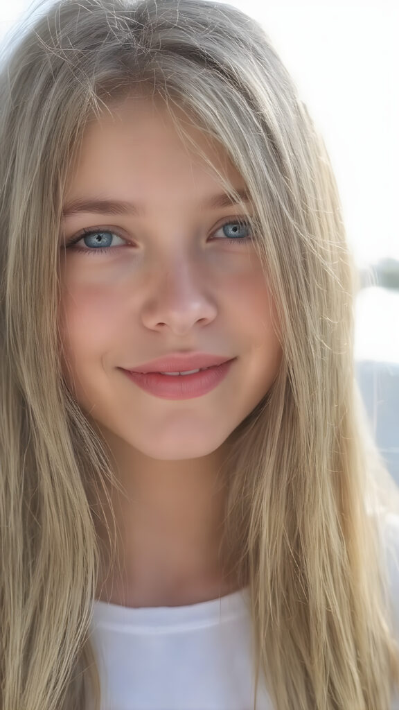 ((close-up)) a beautiful young adult girl, with (((extremely long, straight blond and brown hair (the hair extends far beyond her shoulders and flows down to her waist) and piercing blue eyes that reflect the sunlight around her face. She has (((perfectly sculpted white teeth, visible when she smiles. Her lips are full and painted in a (((bright red color) that accentuates her face. She wears a ((short tight white top)). The girl poses (((against a backdrop of a (clear sunny sky))). Perfect anatomy. Flawless skin. (((The girl has a flawless complexion and appears to be healthy and happy. Her hair is long, straight, smooth and shiny. The sun's rays shine on her face, illuminating any imperfections and highlights of her skin. The girl is fashionable dress, the outfit accentuates her youthful and innocent beauty.