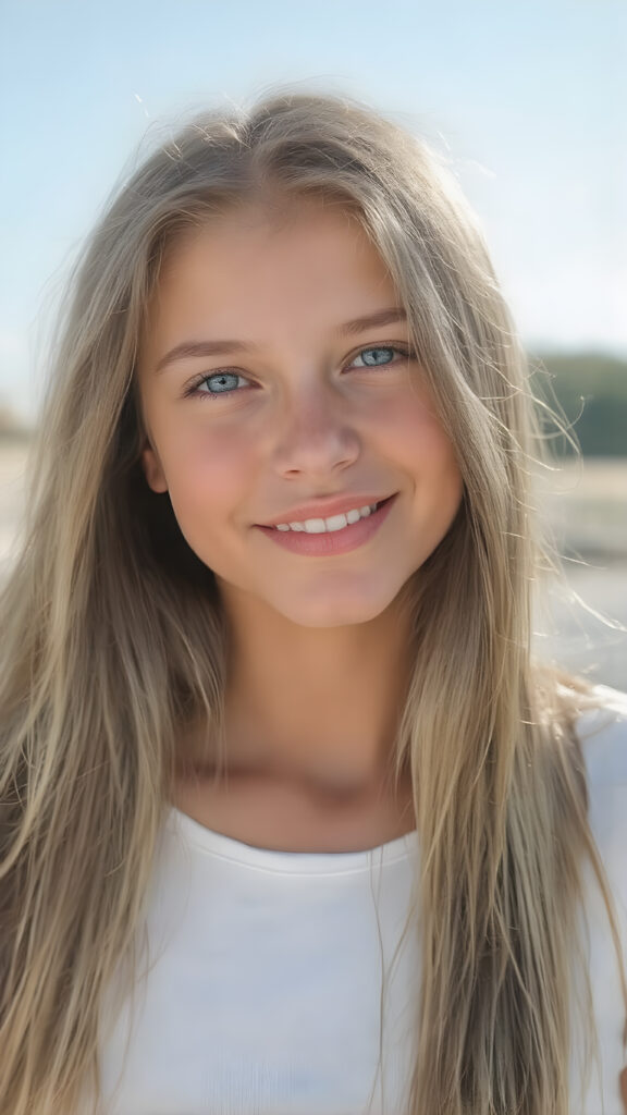 ((close-up)) a beautiful young adult girl, with (((extremely long, straight blond and brown hair (the hair extends far beyond her shoulders and flows down to her waist) and piercing blue eyes that reflect the sunlight around her face. She has (((perfectly sculpted white teeth, visible when she smiles. Her lips are full and painted in a (((bright red color) that accentuates her face. She wears a ((short tight white top)). The girl poses (((against a backdrop of a (clear sunny sky))). Perfect anatomy. Flawless skin. (((The girl has a flawless complexion and appears to be healthy and happy. Her hair is long, straight, smooth and shiny. The sun's rays shine on her face, illuminating any imperfections and highlights of her skin. The girl is fashionable dress, the outfit accentuates her youthful and innocent beauty.