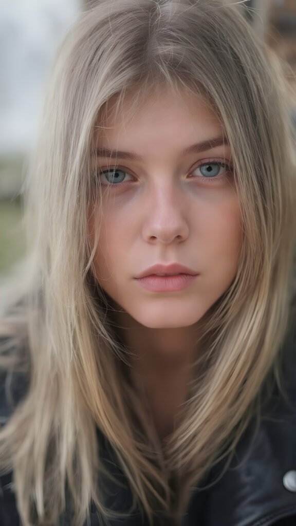 close up a very attractive strict young 16 year old Swedish girl with long straight blonde hair, thick eyebrows and dark brown eyes wearing black leather jacket