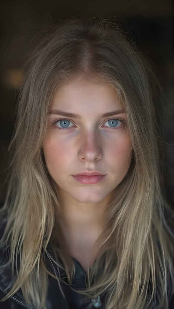 close up a very attractive strict young 16 year old Swedish girl with long straight blonde hair, thick eyebrows and dark brown eyes wearing black leather jacket