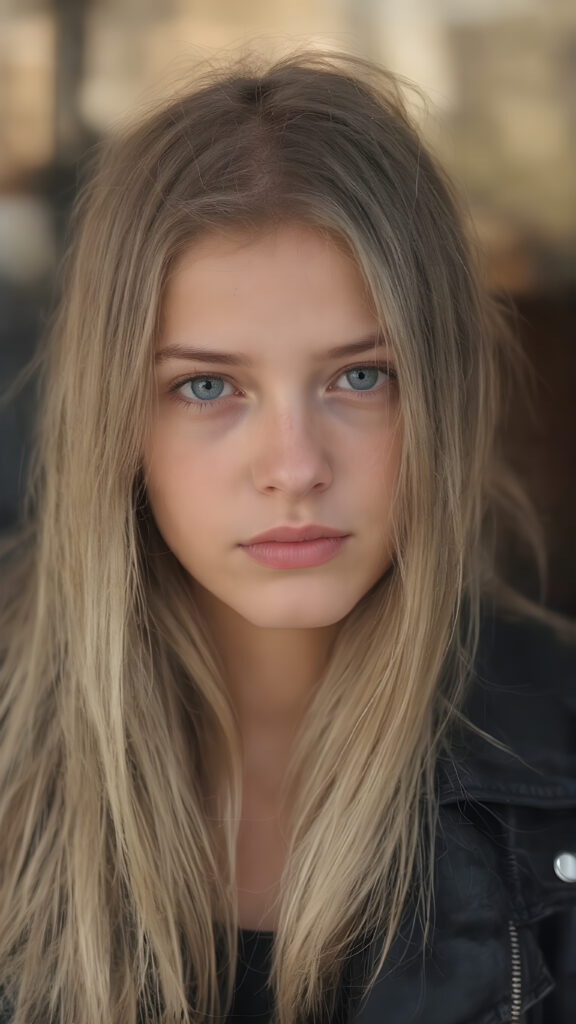 close up a very attractive strict young 16 year old Swedish girl with long straight blonde hair, thick eyebrows and dark brown eyes wearing black leather jacket