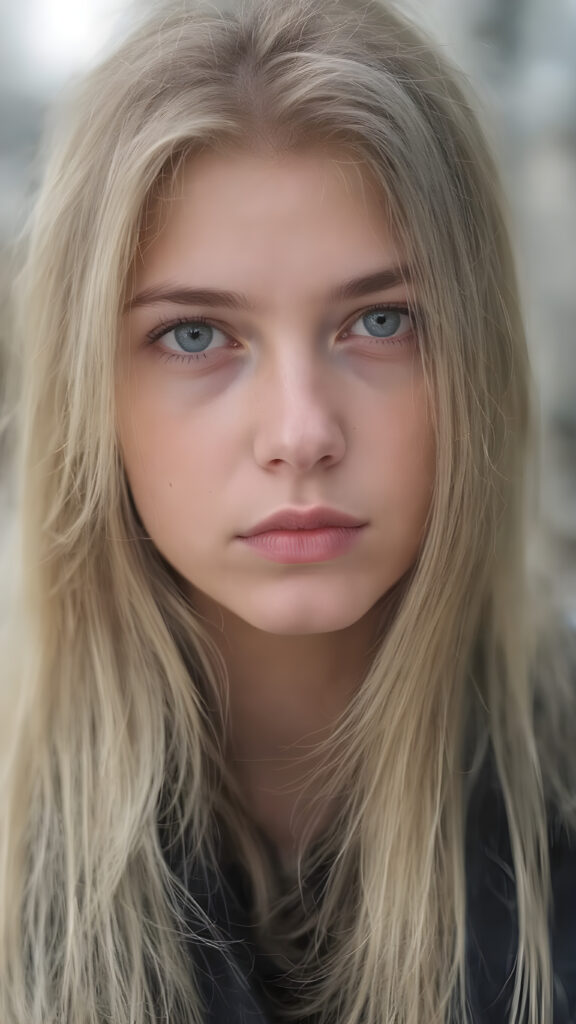 close up a very attractive strict young 16 year old Swedish girl with long straight blonde hair, thick eyebrows and dark brown eyes wearing black leather jacket