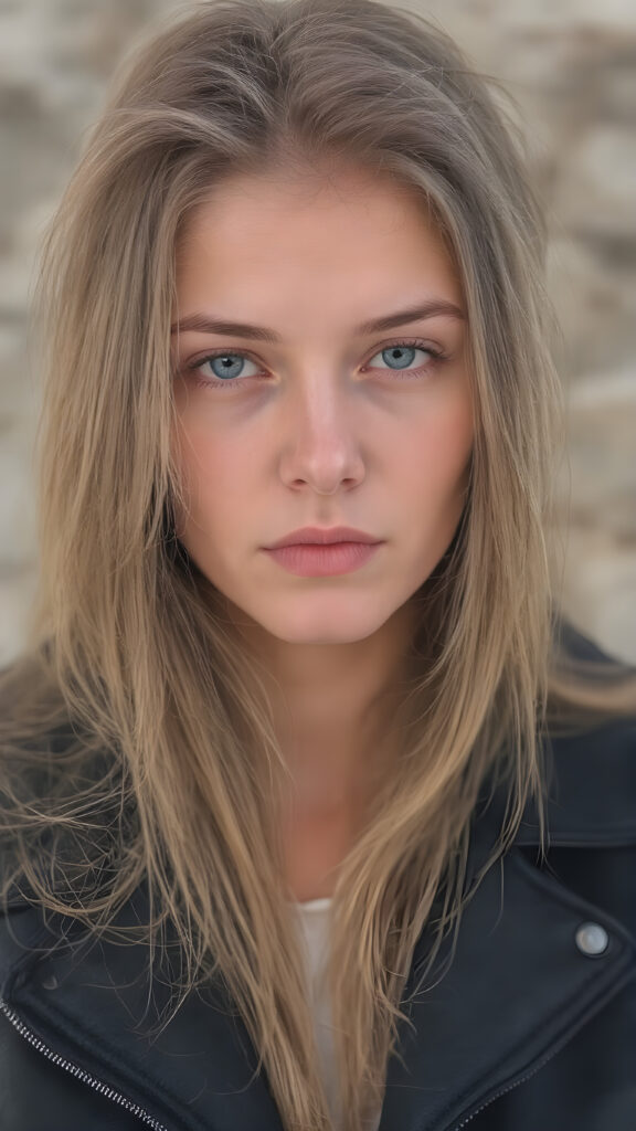 close up a very attractive strict young 16 year old Swedish girl with long straight blonde hair, thick eyebrows and dark brown eyes wearing black leather jacket