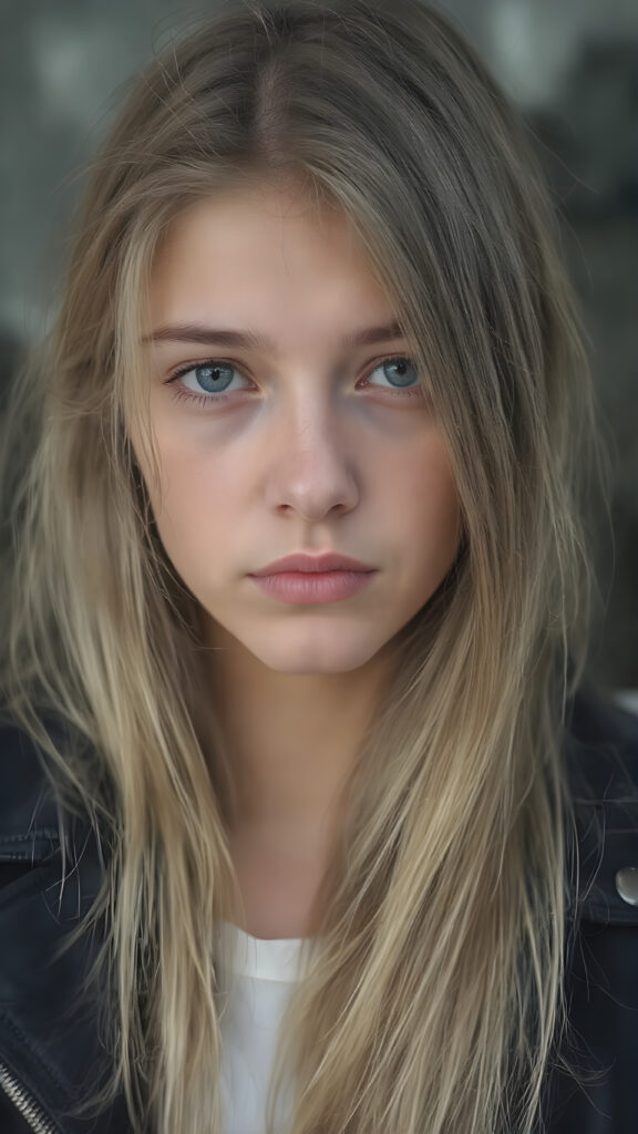 close up a very attractive strict young 16 year old Swedish girl with long straight blonde hair, thick eyebrows and dark brown eyes wearing black leather jacket