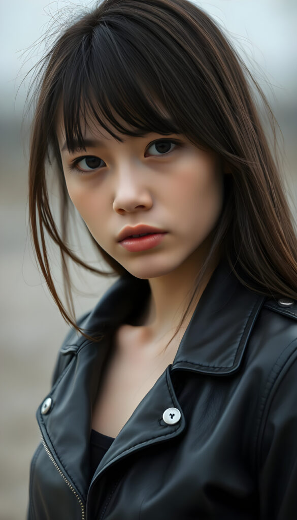 an adult girl, best quality, masterpiece, ultra high resolution, photo realistic, detailed skin, (black short open aviator leather jacket), ((grey background)), long straight brown hair